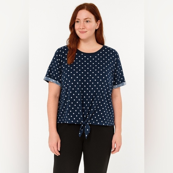 Elodie Tops - Elodie Blue White Cuffed Sleeve Tie Front Tee